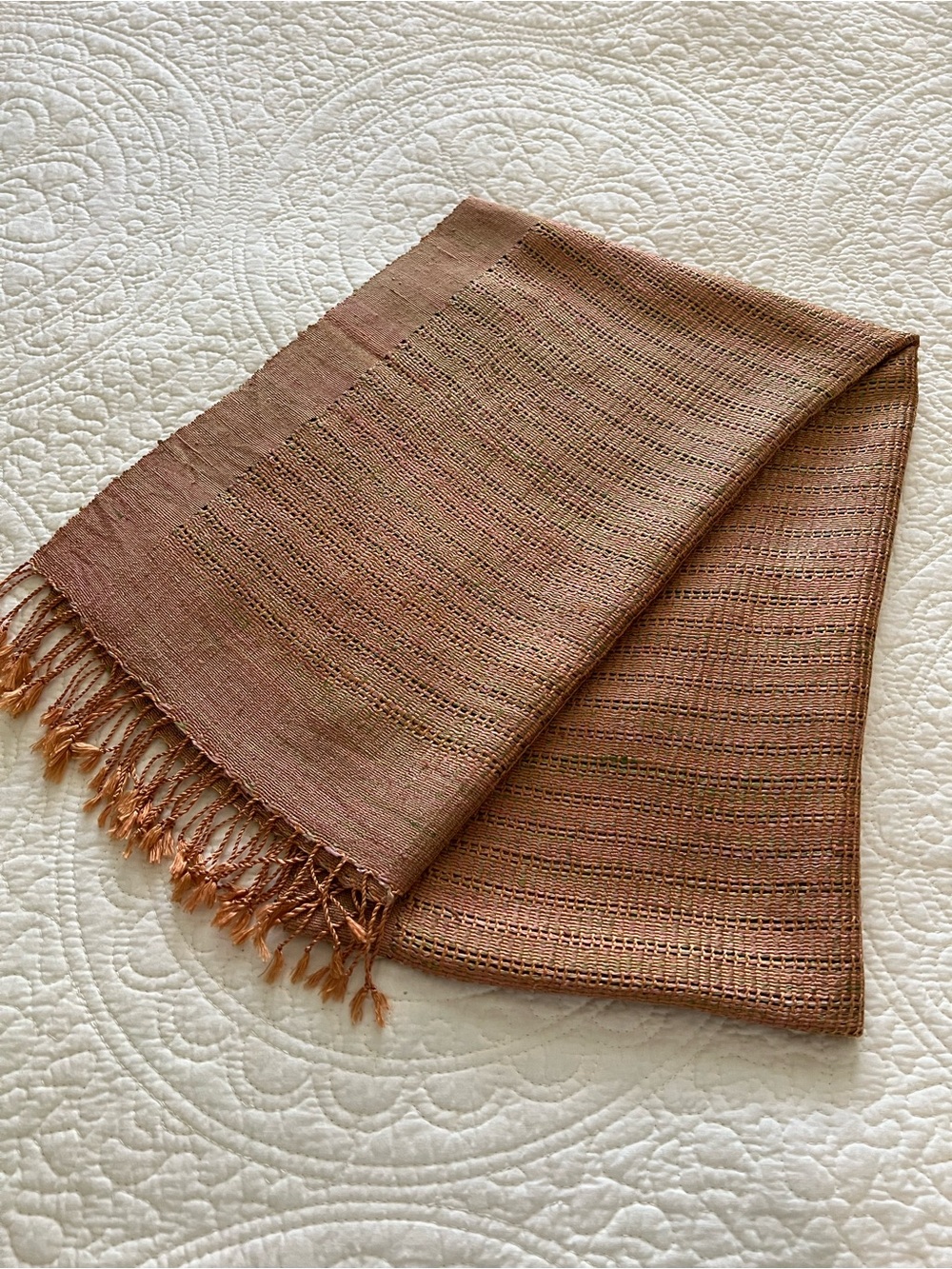 Woven Fringe Women’s Scarf in Copper Brown & Green